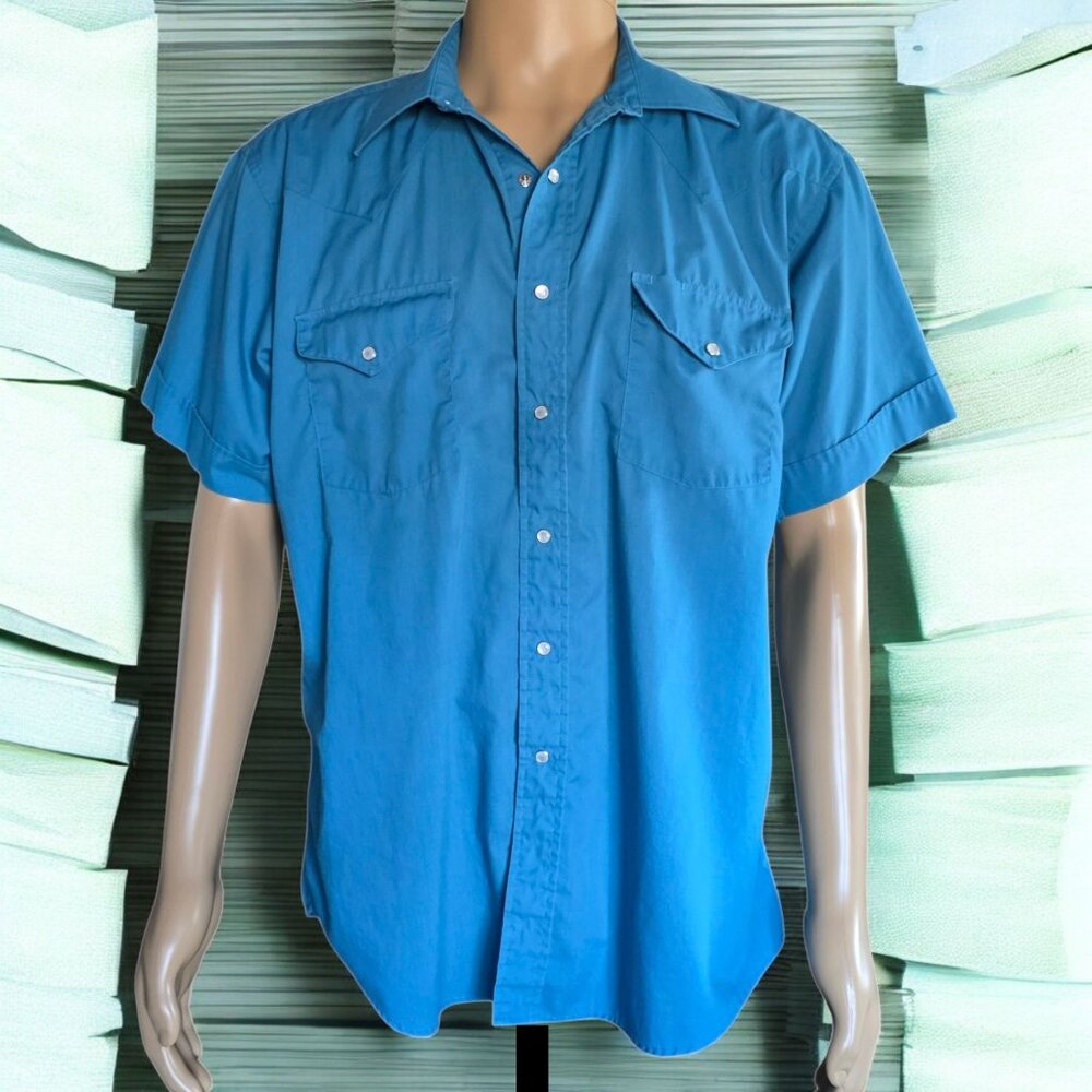 PANHANDLE 70'S ( LG ) Vintage Pearl Snap Unique Blue Western Short Sleeve Shirt
